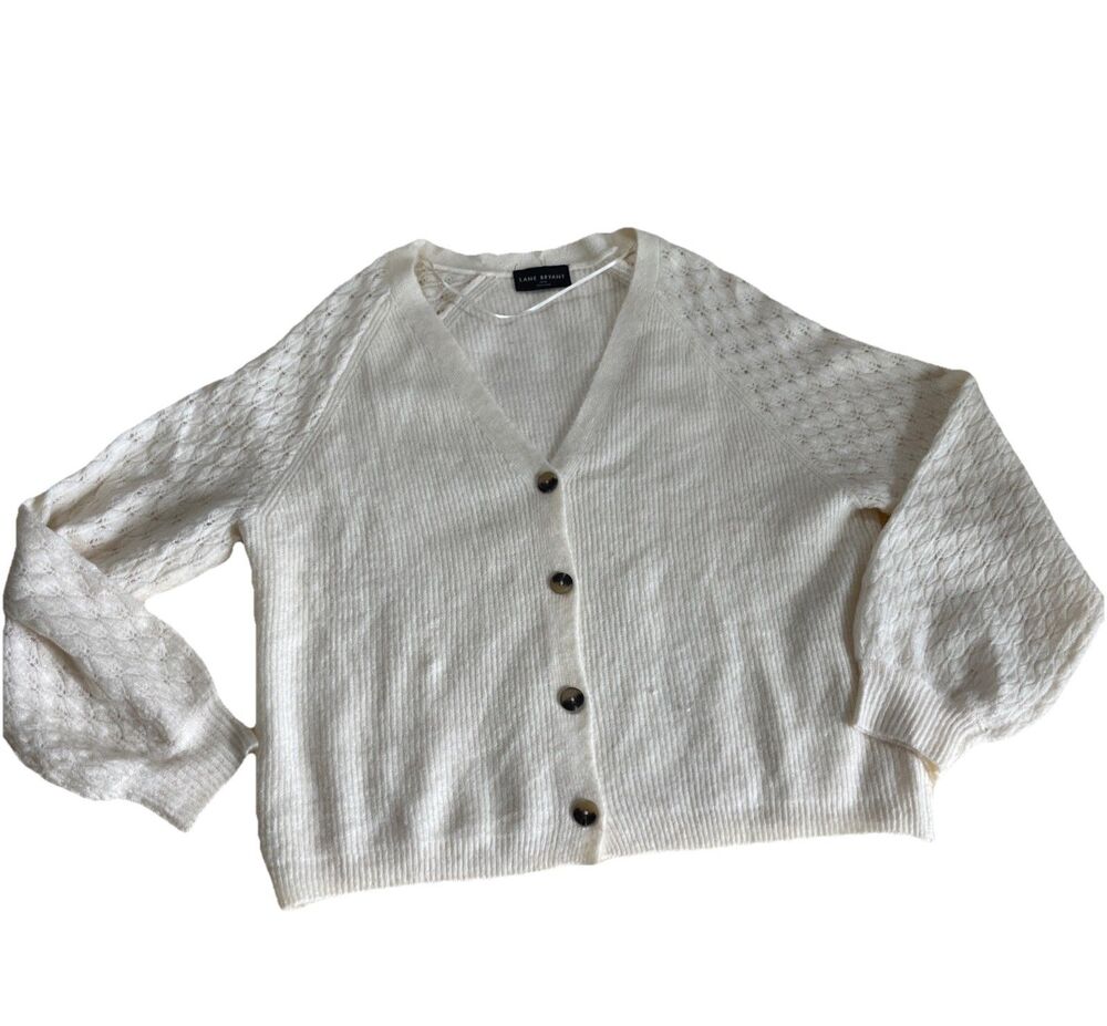 Lane Bryant V Neck Cardigan Pointelle Balloon Sleeve 14/16 1X Cream Twee Coquett
